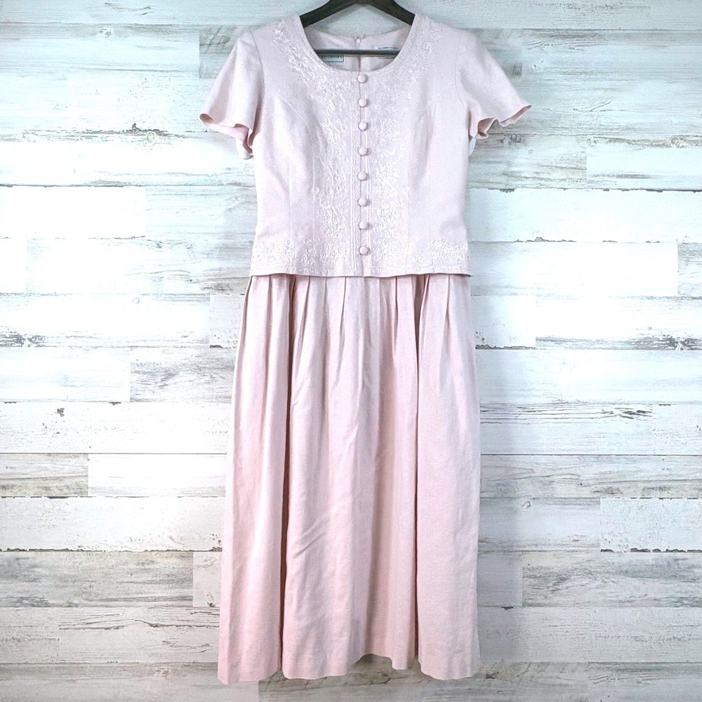 Karin Stevens Dress Vintage 90s Size 6 Pink Embroidered Linen Blend Cottagecore